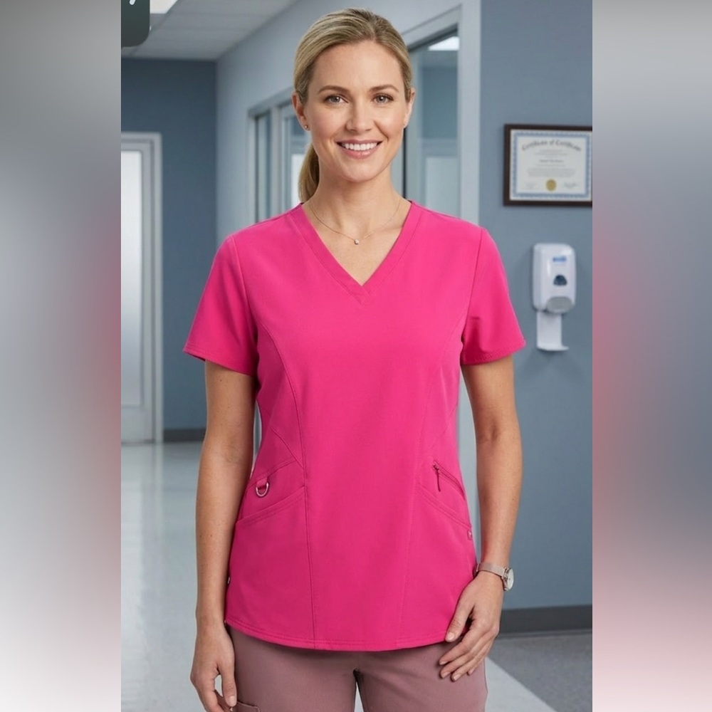 Ava Therese Ribbed Knit Back Scrub Top, Bright Pink V-Neck, Women’s Sz XL